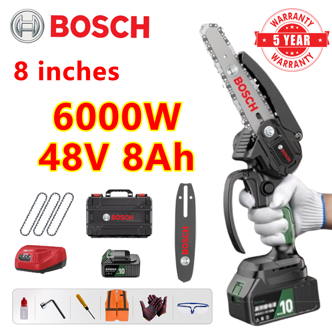 Sierra eléctrica sin escobilla95s de 8 pulgadas, motor de cobre puro, potencia de 6000 W, batería de 48 V 8,0 Ah*1, cargador, placa guía*1, cadena*3, caja de herramientas, aceite lubricante y gafas, cinco años de garantía