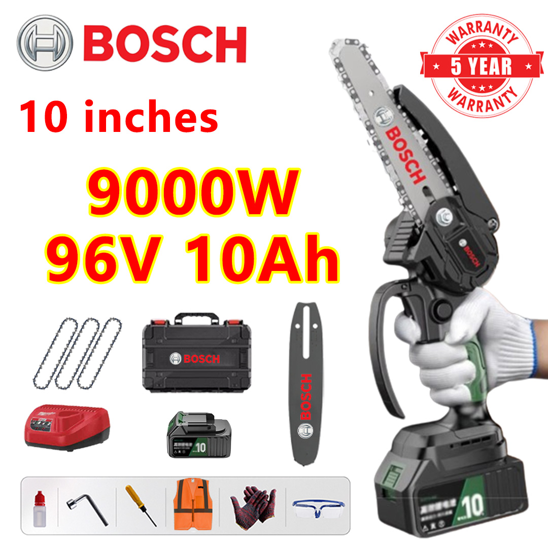 Sierra eléctrica sin escobillas de 10 pulgadas, motor de cobre puro, potencia de 9000 W, batería de 96 V 10 Ah*1, cargador, placa guía*1, cadena*3, caja de herramientas, aceite lubricante y gafas, cinco años de garantía