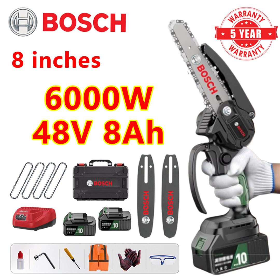 Sierra eléctrica sin escobillas de 8 pulgadas, motor de cobre puro, potencia de 6000 W, batería de 48 V 8,0 Ah*2, cargador, placa guía*2, cadena*4, caja de herramientas, aceite lubricante y gafas, cinco años de garantía
