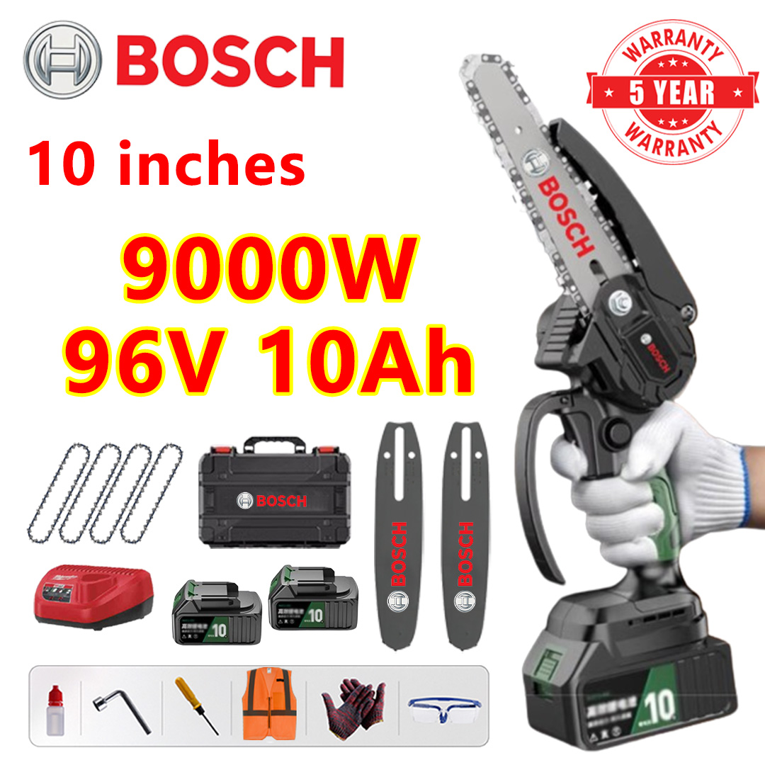 Sierra eléctrica sin escobillas de 10 pulgadas, motor de cobre puro, potencia de 9000 W, batería de 96 V 10 Ah*2, cargador, placa guía*2, cadena*4, caja de herramientas, aceite lubricante y gafas, cinco años de garantía