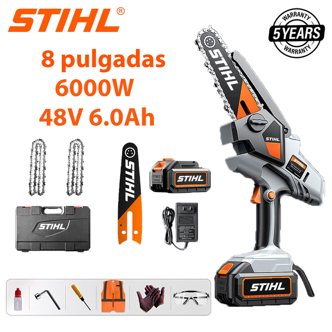 Sierra eléctrica de litio sin escobillas de 8 pulgadas, potencia 6000W, batería de 48V 6,0 Ah*2, cargador, placa guía*1, cadena*2, caja de herramientas, lubricante y gafas protectoras, cinco años de garantía