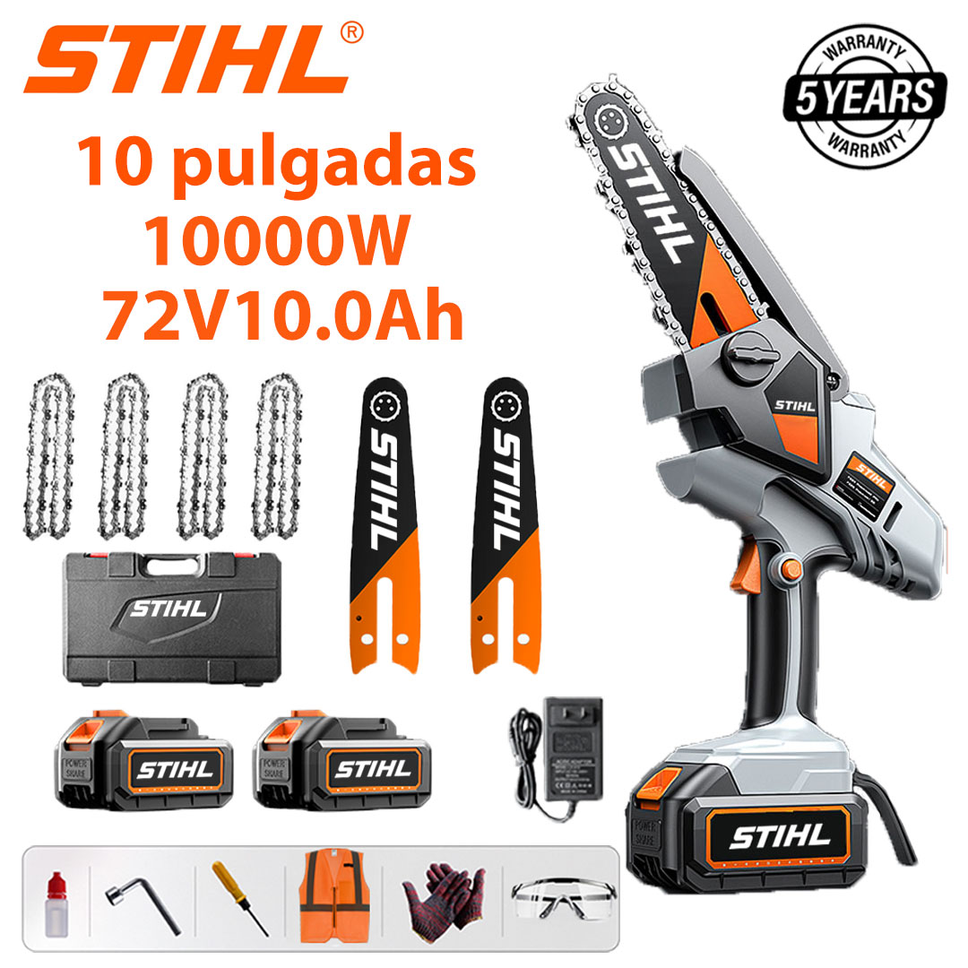 Sierra eléctrica de litio sin escobillas de 10 pulgadas, potencia de 10 000 W, batería de 72 V y 12 Ah*2, cargador, placa guía*2, cadena*4, caja de herramientas, lubricante y gafas, cinco años de garantía