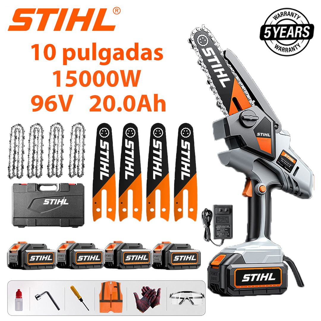 Sierra eléctrica de litio sin escobillas de 10 pulgadas, potencia 15.000W, batería de 96V 20Ah*4, cargador, placa guía*4, cadena*4, caja de herramientas, lubricante y gafas protectoras, cinco años de garantía